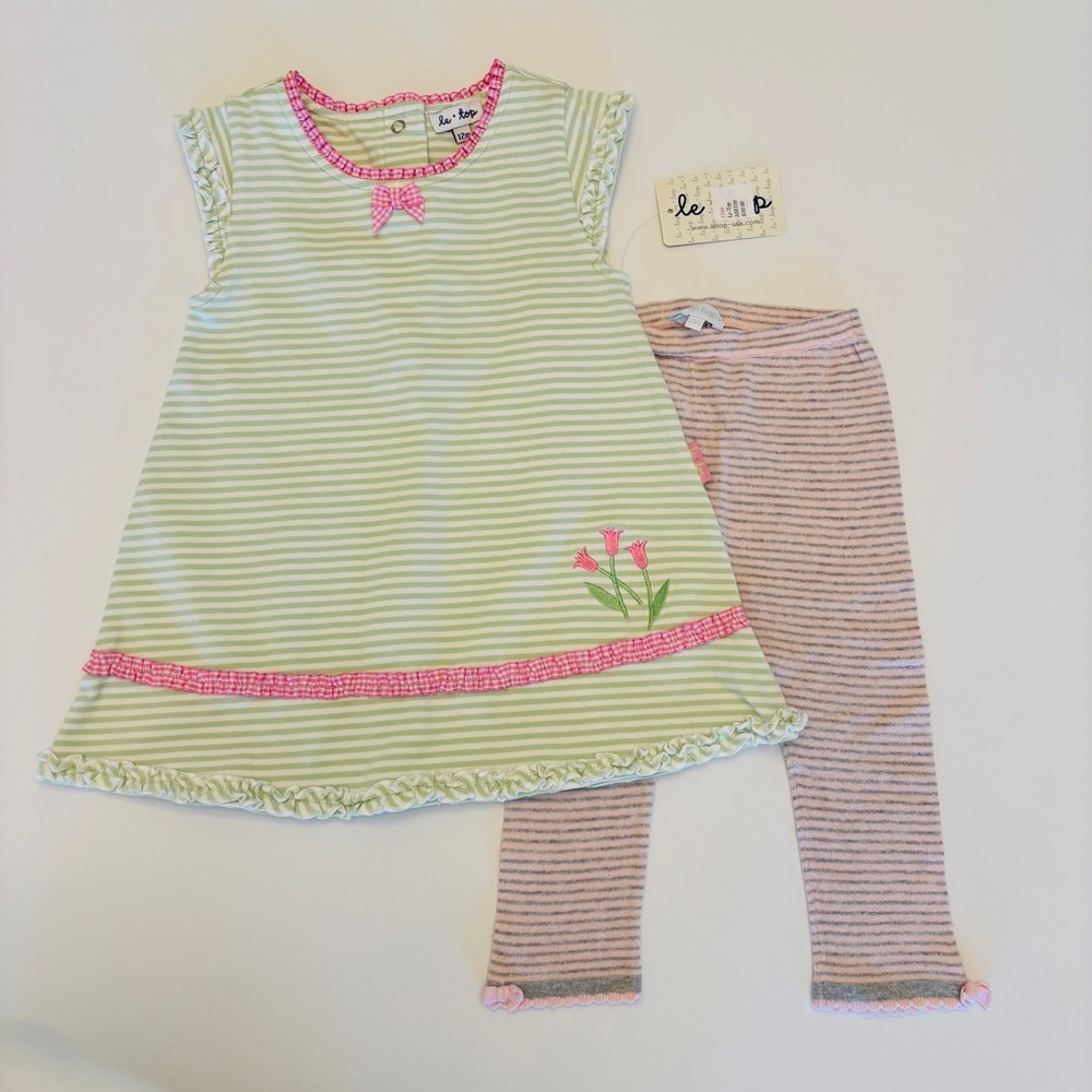 le.top 12 Dress set pants NWT embroidered floral flowers striped 2 piece pink - Picture 3 of 7